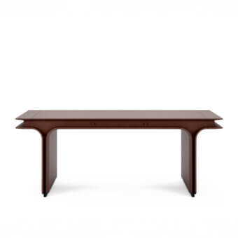 Distinguished Mascheroni Jazz Charlie desk with reddish-brown wood tabletop and curved steel legs in satin finish