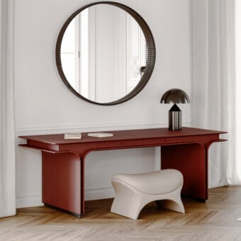 Elegant Mascheroni Jazz Charlie desk with luxurious leather top and reddish-brown matte wood finish built with integrated steel legs