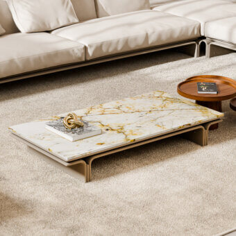 Distinguished Mascheroni Jazz John coffee table with a Patagonia marble top and handcrafted leather-clad base in polished steel