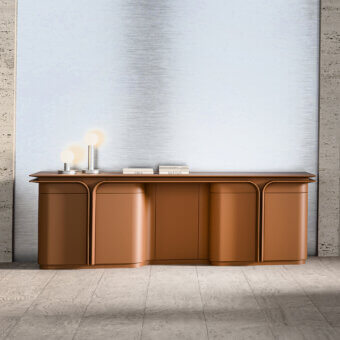 Distinctive Mascheroni Jazz Duke sideboard built with reddish-brown leather and solid wood, showcasing recessed panels with carved containers