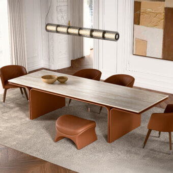 Captivating Mascheroni Jazz Louis table crafted in Travertine with sculpted base and reddish-brown leather upholstery