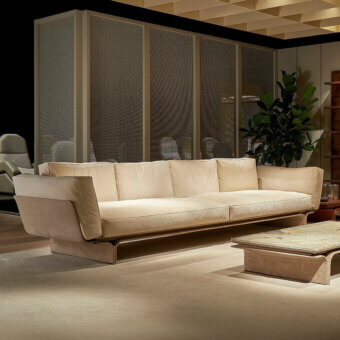 Superior Mascheroni Jazz Miles sofa in pale beige Nubuck upholstery with a satin finish floating base
