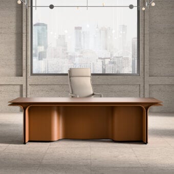 Exceptional Mascheroni Jazz Ray desk crafted in Italy with natural leather, solid wood, and laminated wood exhibiting a satin finish