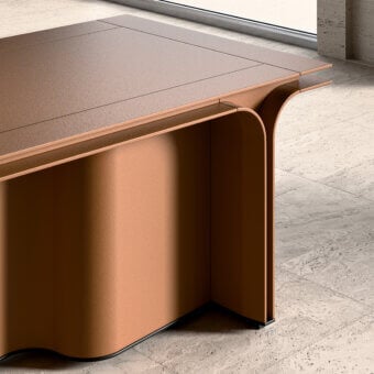 Distinguished Mascheroni Jazz Ray desk crafted in Italy with natural leather, solid wood, laminated wood, and a matte finish