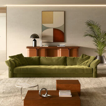 Exceptional Mascheroni Patrimonio sofa with soft textured velvet upholstery and gently curved armrests in muted olive green