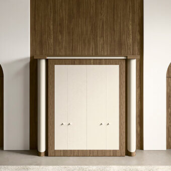 Exceptional Mascheroni Planet 010 bookcase built in cream textured leather and medium-brown wood with cylindrical columns