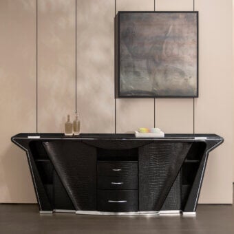 Distinguished Mascheroni Prior sideboard crafted in Italy with black alligator-textured leather and steel hardware