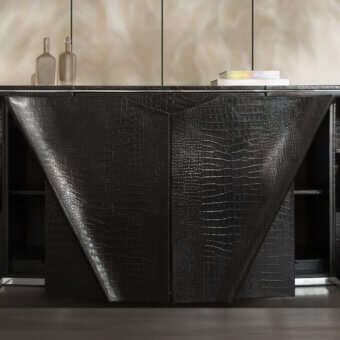 Superior Mascheroni Prior sideboard crafted in Italy with glossy black finish, reptile-skin textured panel, steel and leather construction