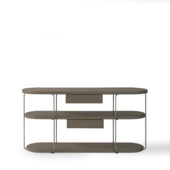 Distinguished Mascheroni Scrivimi console crafted with wood and steel, showcasing curved lines with matte olive-green finish and leather shelving