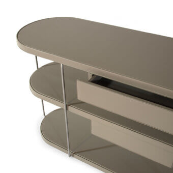 Distinguished Mascheroni Scrivimi console crafted with wood and steel, in matte beige with supple leather interiors