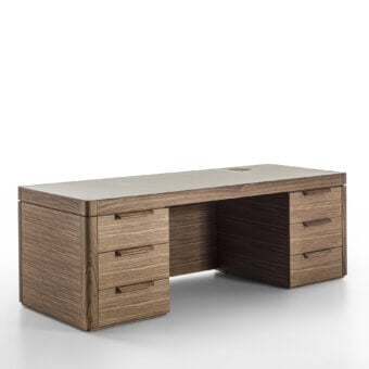 Distinguished Porada Agea desk crafted with solid canaletta walnut, Cuoietto leather lining and a satin finish
