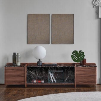Distinguished Porada Akeru sideboard with canaletta walnut and contrasting marble, built with sleek dark panels framing a geometric metal grid