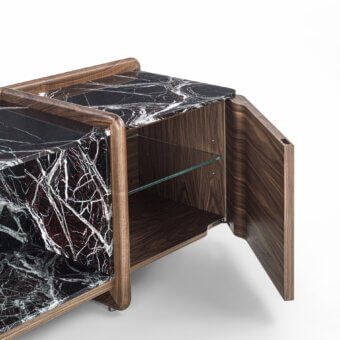 Distinguished Porada Akeru sideboard crafted with canaletta walnut and dark grey marble, exhibiting a satin finish