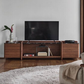 Distinguished Porada Akeru TV stand crafted in canaletta walnut with polished marble, exhibiting a satin finish