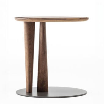 Distinguished Porada Côté side table with chevron wooden top and dark gray matte metal base
