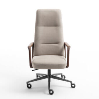 Exceptional Porada Cuna swivel chair upholstered in neutral beige textile with sculpted Canaletta walnut and satin finish