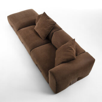 Lavish Porada Koji sectional with dark brown textile upholstery and solid Canaletta walnut decorative detail