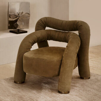 Distinguished Rugiano Abbraccio lounge chair crafted in olive-brown fabric with bronzed brass details and matte finish