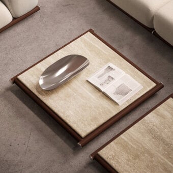 Distinguished Rugiano Amalfi coffee table with warm beige marble and satin stained mahogany wood frame with chrome details