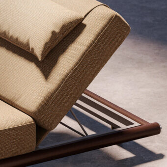 Exceptional Rugiano Amalfi sunbed with a plush fabric cushion and adjustable stained mahogany wood frame