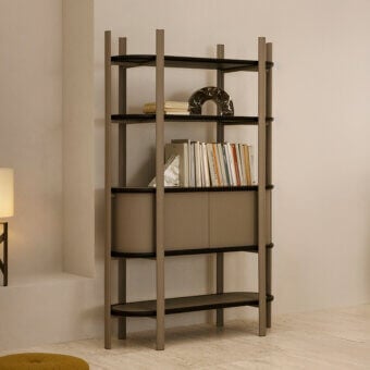 Elegant Rugiano Coquette bookcase with dark ash wood and premium leather, built with a satin-finish metal frame