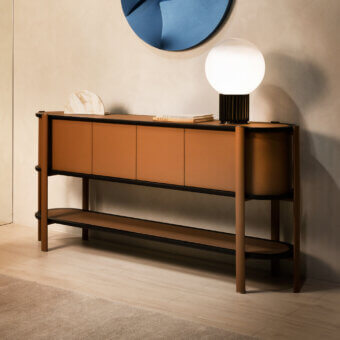 Exclusive Rugiano Coquette sideboard with terracotta orange leather wrapping and dark ash wood shelving