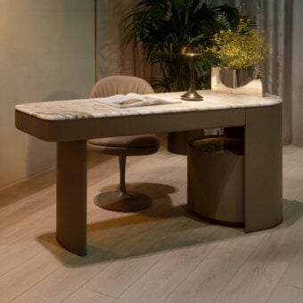 Distinguished Rugiano Emily desk crafted in beige leather with a sculpted frame and refined marble top