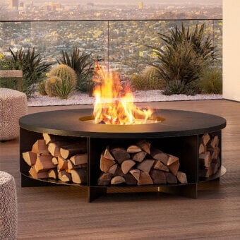 Distinguished Rugiano fireplace crafted with black painted metal and refined stone offering integrated wood storage