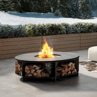 Exceptional Rugiano fireplace crafted with black-painted metal and stone materiality exhibiting a functional core with integrated wood storage