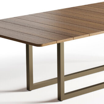 Elegant Rugiano Mirage table crafted with warm Mogano Tinto wood and a satin finish, supported by Outdoor Bronze Steel in olive-green tone