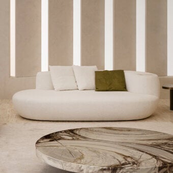 Distinguished Rugiano Rafael chaise lounge in light beige fabric with an olive green embroidered cushion and integrated marble detail