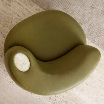 Distinguished Rugiano Rafael lounge chair with captivating fluid form upholstered in matte olive fabric and Calacatta Oro marble