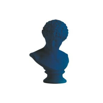 Blue velvet bust sculpture, “Cassoni Adriani Rossi Antino”, depicts a male figure with curly hair on a cylindrical base.