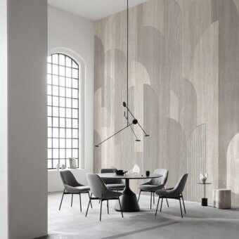 Captivating Adriani e Rossi Arc Design wallpaper with overlapping arcs in muted beige and light gray, crafted with a premium fiberglass base