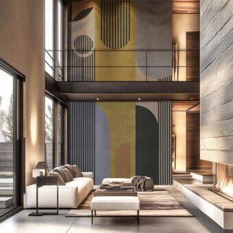 Exceptional Adriani e Rossi Ark wallpaper with geometric shapes in gold, gray and dusty blue, crafted with a smooth matte finish
