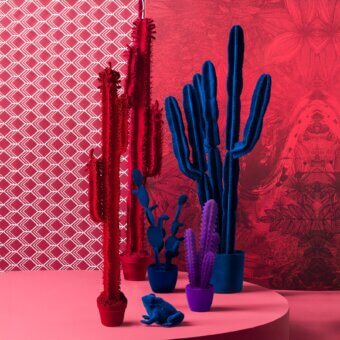 Lavish Adriani e Rossi Cactus Velvet Sculpture sculpture with purple and blue velvet mimicking Cereus Cactus form crafted in Italy with matte texture