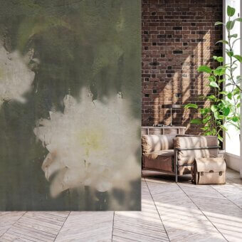 Superior Adriani e Rossi Clear wallpaper with softly blurred botanical design in muted olive green and faded white florals with fiberglass finish
