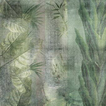 Elegant Adriani e Rossi Colonial Wallpaper displays layered botanical composition in muted olive and grey-green with a softly faded finish