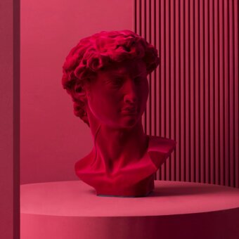 Exceptional Adriani e Rossi David sculpture crafted in red velvet with a smooth matte ceramic powder base