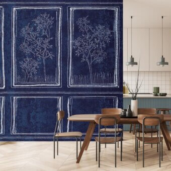 Elegant Adriani e Rossi Drawn Lemons wallpaper with stylized lemon trees against navy blue and a matte fiberglass base