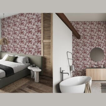 Exceptional Adriani e Rossi Drawn Palms Wallpaper with sketched palm fronds in reddish-brown and rose tones with a fiberglass base and matte surface