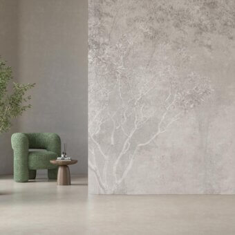 Elegant Adriani e Rossi Enchantment wallpaper with a large-scale tree design in muted gray fiberglass and refined matte finish