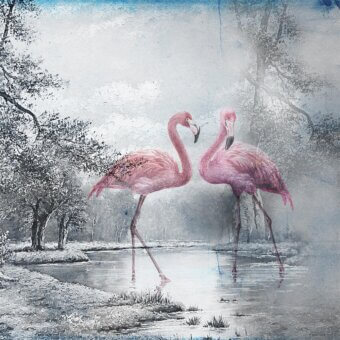 Distinguished Adriani e Rossi Flamingo wallpaper depicting graceful flamingos within a grayscale landscape with subtle blue undertones and fiberglass base finish