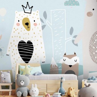 Distinguished Adriani e Rossi Kids Forest Gang wallpaper in blues, greens, and browns with a soft-touch finish