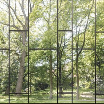 Distinguished Adriani e Rossi Views wallpaper transforms interiors with fragmented rectangular panels and lush greenery within a glass-like fiberglass base
