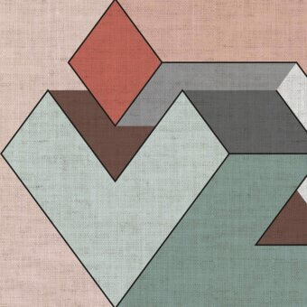Sophisticated Adriani e Rossi Genius wallpaper with geometric shapes in teal, gray, and terracotta fiberglass material with matte finish