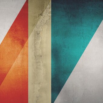 Distinguished Adriani e Rossi Geometric Wallpaper with fragmented planes in red-orange, beige, teal, and white with a fiberglass base and matte finish