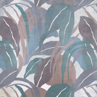 Distinguished Adriani e Rossi Guyana wallpaper presents stylized tropical leaves in teal, dusty rose, and lavender-grey with a subtly textured fiberglass base