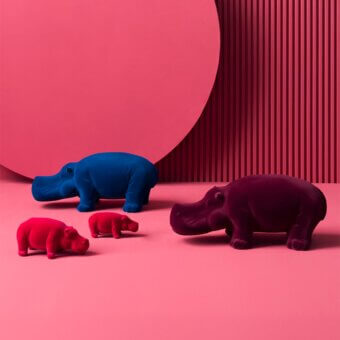 Meticulous Adriani e Rossi Hippo Velvet Sculpture ceramic animal crafted with sumptuous blue velvet texture and playful form