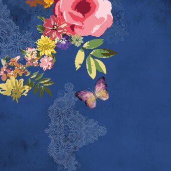 Distinguished Adriani e Rossi Ken 3 wallpaper with lush roses and butterflies against a rich navy blue fiberglass base finish